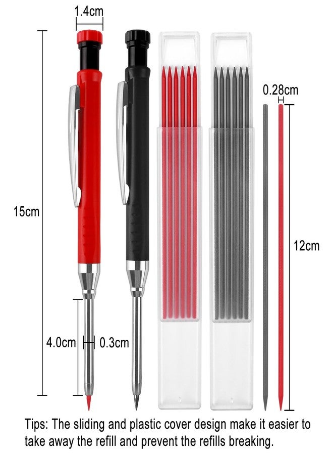 MECHEER 2 Pack Carpenter Pencils Mechanical Pencils with 12 Refills, Upgraded Construction Pencils with Built-in Sharpener, Woodworking Marking Tools Pencil Markers with Metal Clip for Architect (2 Colors) - Image 2