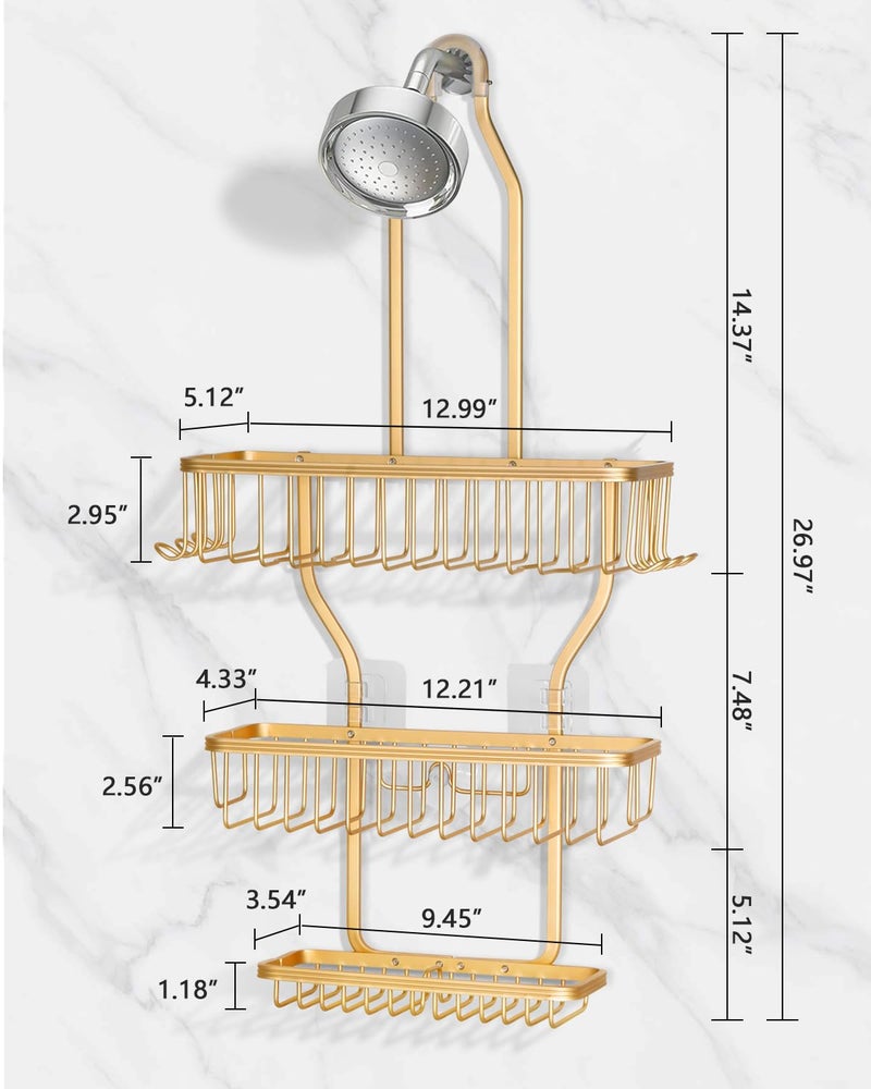 MSAICOE Shower Caddy Hanging - Never Rust Shower Hanging Organizer - Aluminum Over the ShowerHead Caddy with Soap Basket and 6 Razor/Sponge Hooks (Gold) - Image 2
