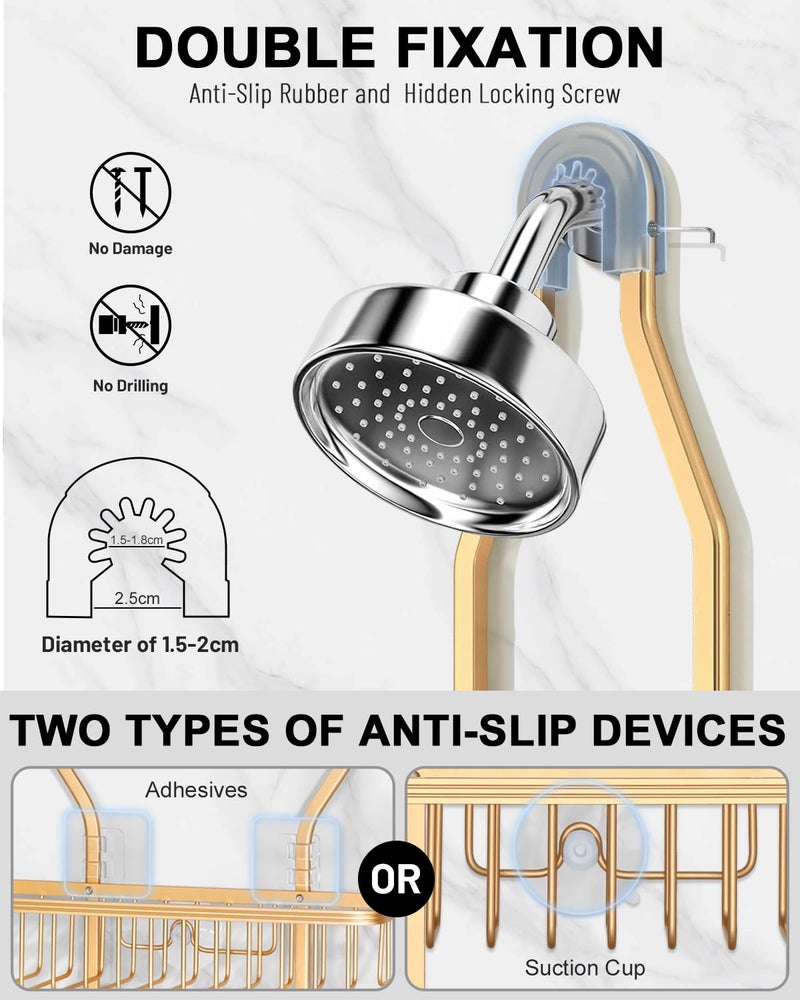 MSAICOE Shower Caddy Hanging - Never Rust Shower Hanging Organizer - Aluminum Over the ShowerHead Caddy with Soap Basket and 6 Razor/Sponge Hooks (Gold) - Image 3