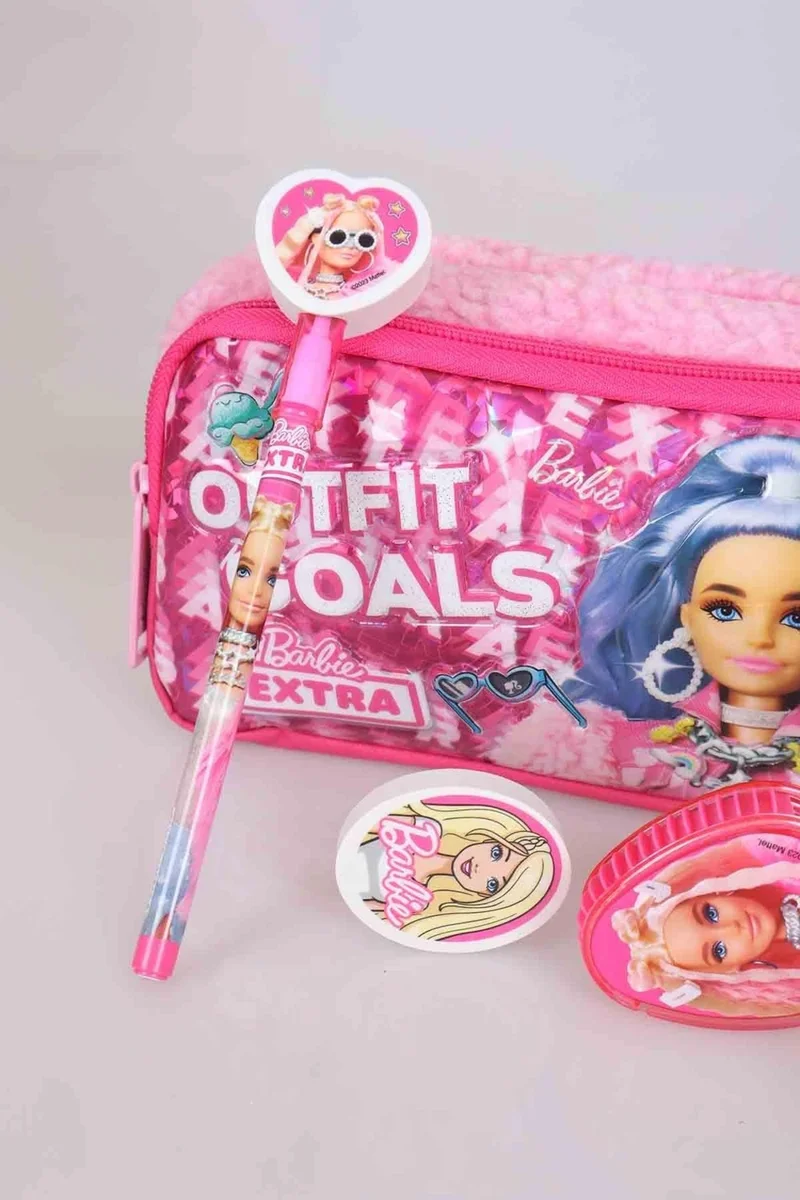 Barbie LICENSED "PINK LOVE" SET FEATHERED PEN HOLDER, POMPOM PENCIL, ERASER TOP PLUG PEN, ERASER AND PEN STONE