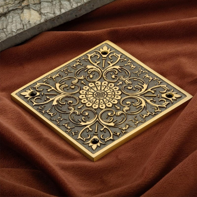 DEVDECOR , Brass Decorative Door Plate – 4 inch Traditional Floral Design Door Accessory for Main Door, Home Entrance & Temple Décor - Image 1