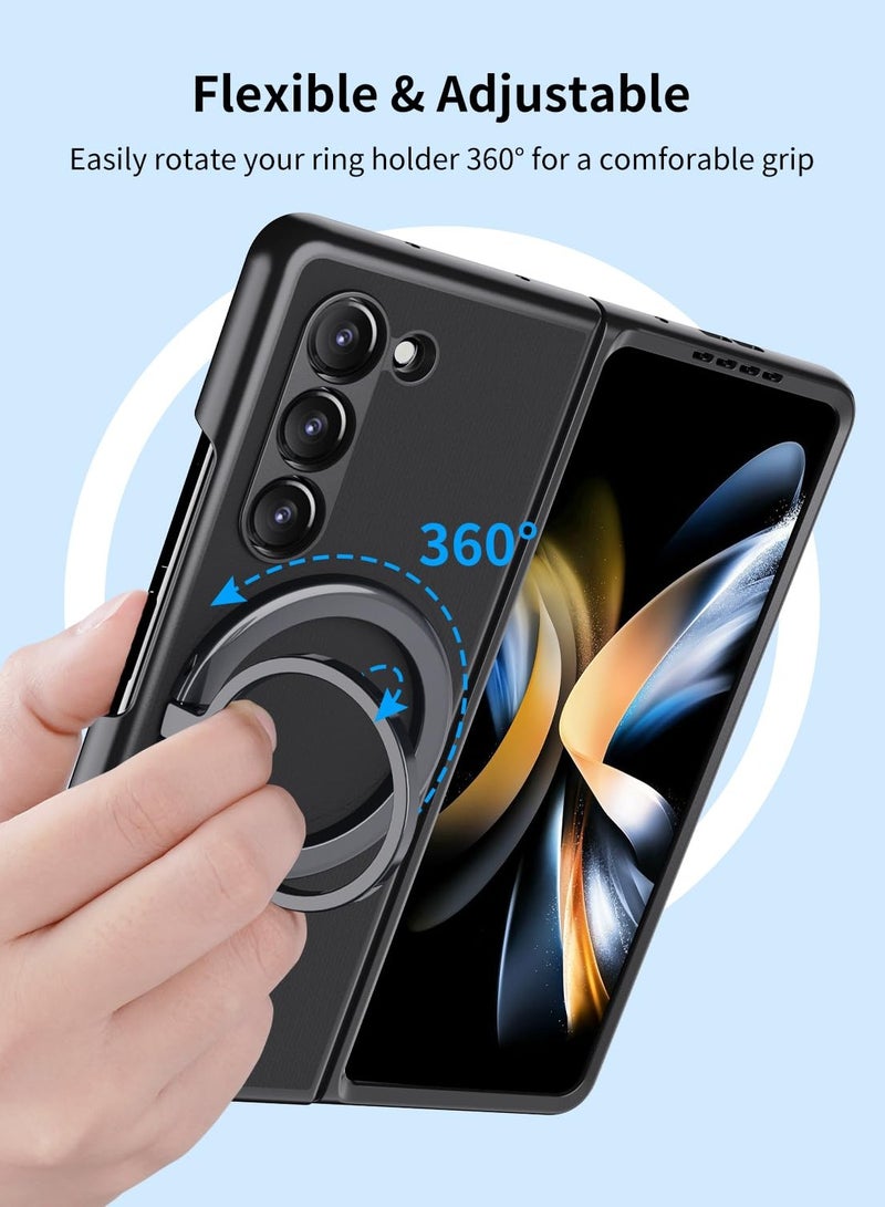 KASTWAVE جراب مغناطيسي لهاتف Samsung Galaxy Z Fold 5 [مع 2 غشاء مقوى وحلقة مغناطيسية دوارة 360 درجة، متوافق مع MagSafe] غطاء واقٍ رفيع للغاية من مادة البولي كربونات غير اللامعة - Image 5