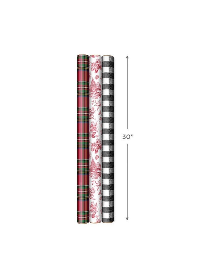 Hallmark Holiday Plaid Wrapping Paper with Cutlines and Optional DIY Bow Templates on Reverse (3-Pack: 120 Sq. Ft. Ttl) Red Toile, Black Buffalo Check, Plaid for Christmas, Birthdays, Weddings, Crafts - Image 2