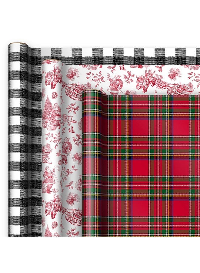 Hallmark Holiday Plaid Wrapping Paper with Cutlines and Optional DIY Bow Templates on Reverse (3-Pack: 120 Sq. Ft. Ttl) Red Toile, Black Buffalo Check, Plaid for Christmas, Birthdays, Weddings, Crafts - Image 3