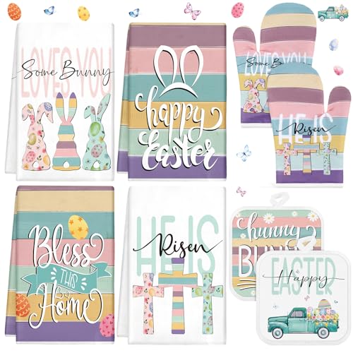 VitalCozy 8 Pcs Easter Kitchen Towels Oven Mitts and Pot Holder Sets Happy Easter Kitchen Towels Dish Towel Bunny Egg Heat Resistant Oven Gloves Potholder for Holiday Cooking Baking Gifts - Image 1