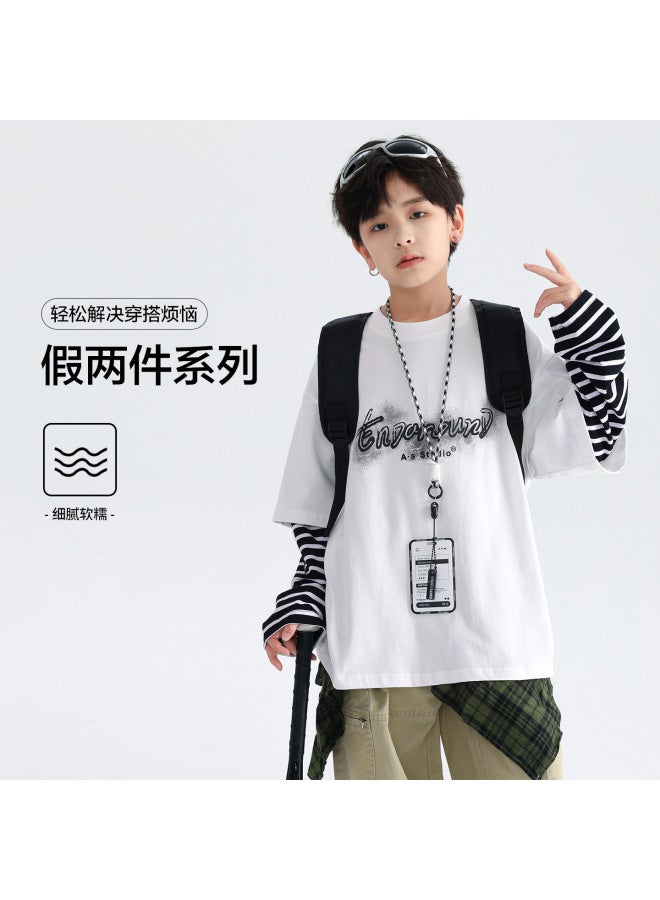 Boys' Spring Fashion Trendy Brand Fake Two-piece Striped Long-sleeve T-shirt  New Model Youth Children's Spring Sports Top