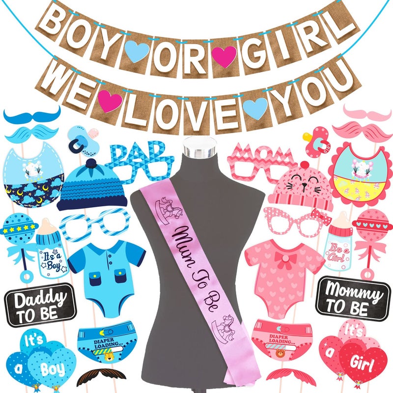 WOBBOX Baby Shower Combo of Party Props 28 Pcs & Jute Style Boy Or Girl We Love You Bunting Banner, with Mum to be Light Pink Sash Baby Shower Decoration Item (Pack of 3) - Image 1