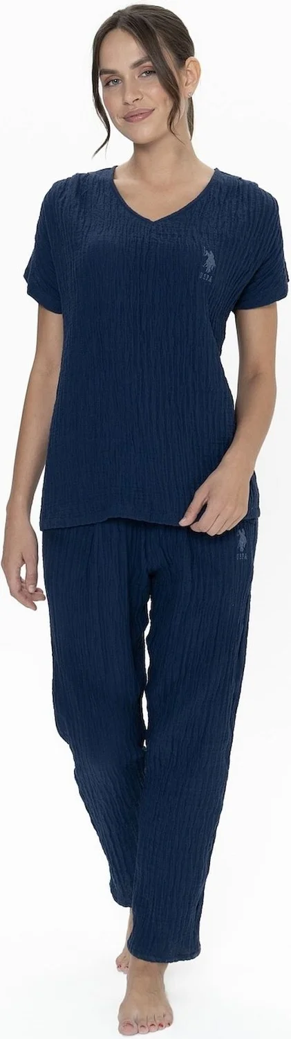U.S. Polo Assn. 20015 Women's Muslin Fabric Short Sleeve V Neck Pajama Set-Navy Blue