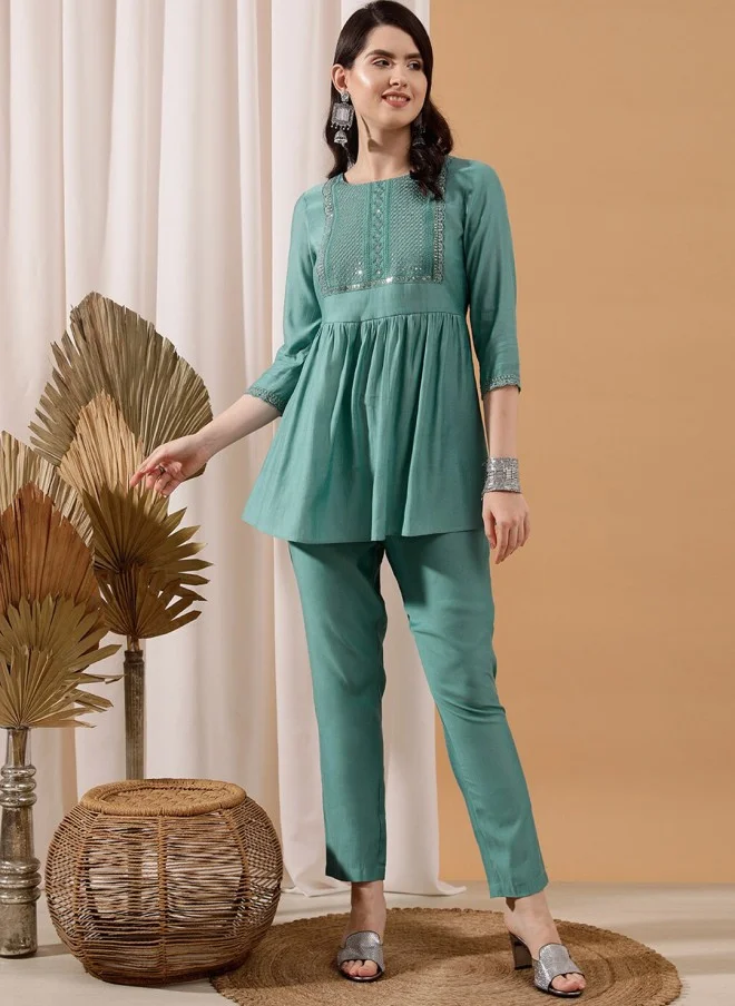 Indo Street Ethnic Motifs Yoke Design Kurti & Trousers Set for Women