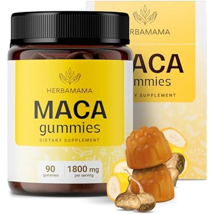 HERBAMAMA Maca Root Gummies - 1800mg Maca Root Extract for Energy Support - Vegan, Non-GMO Antioxidant Support Supplement - 90 Pectin-Based Banana-Flavored Chews - Image 1