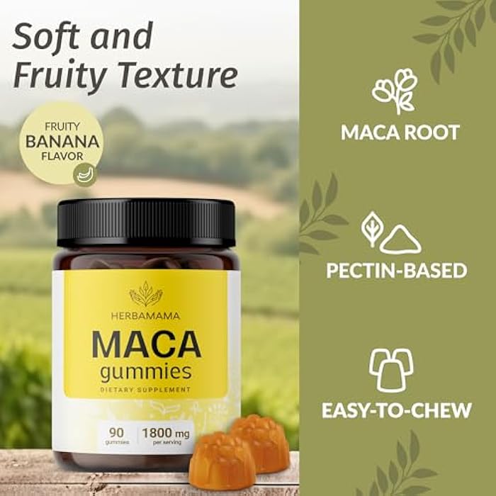 HERBAMAMA Maca Root Gummies - 1800mg Maca Root Extract for Energy Support - Vegan, Non-GMO Antioxidant Support Supplement - 90 Pectin-Based Banana-Flavored Chews - Image 4