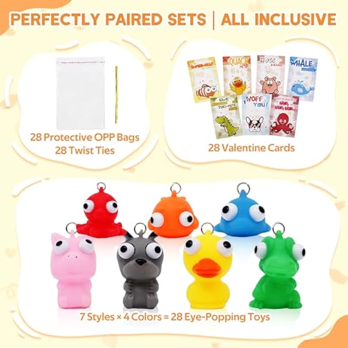 Kiddokids 28 Valentines Day Gift Cards with Popping out Eyes Stress Relief Pop Eyes Squeeze for Kids School Classroom Valentines Exchange Gift - Image 2