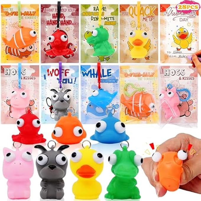 Kiddokids 28 Valentines Day Gift Cards with Popping out Eyes Stress Relief Pop Eyes Squeeze for Kids School Classroom Valentines Exchange Gift - Image 1