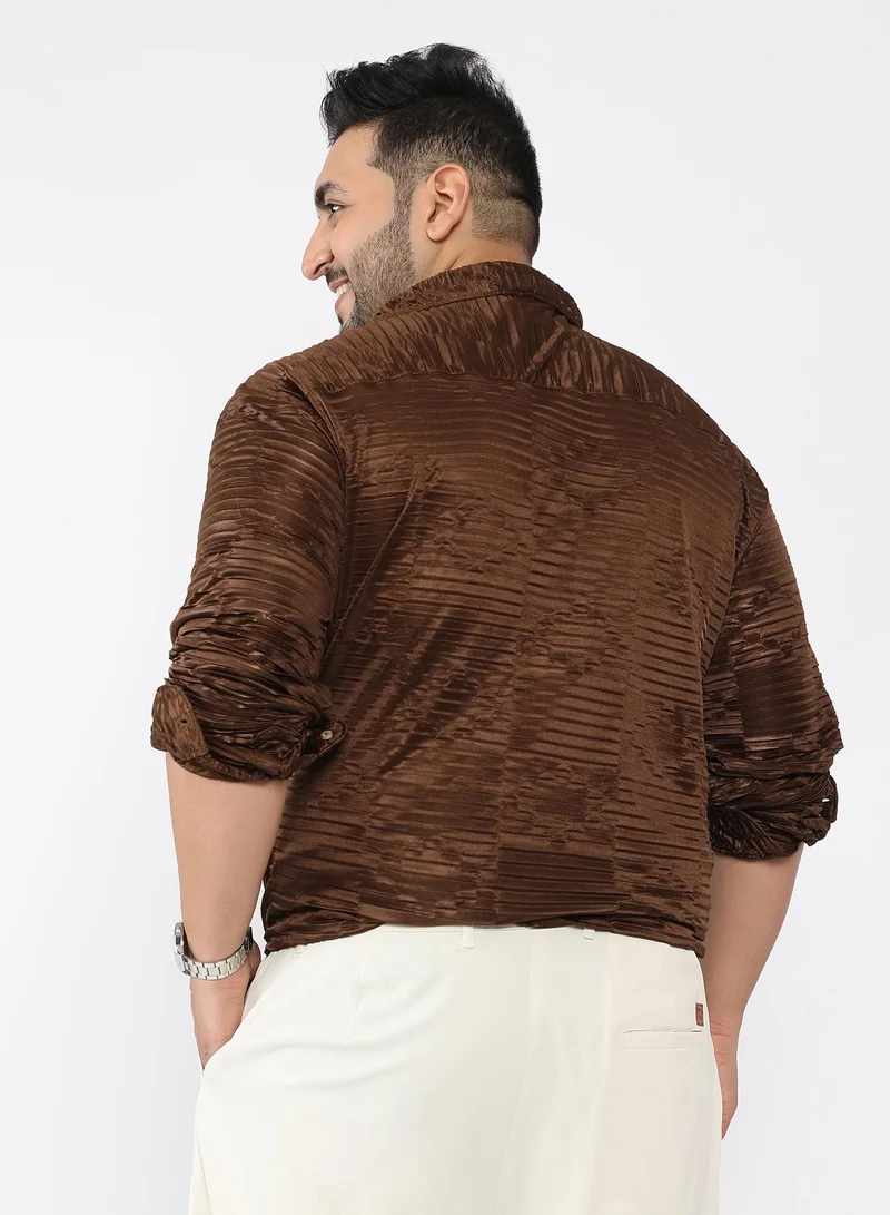 Instafab Plus Men Pleated-Rhombus Shirt | Spread Collar , Long Single-Button Cuff Sleeves | Button Closure , Curved Hem | Geometric Pleated | Woven Fabric For Casual & Evening Wear | Brown