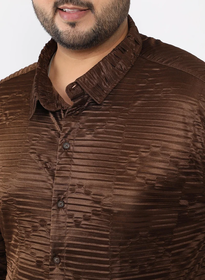 Instafab Plus Men Pleated-Rhombus Shirt | Spread Collar , Long Single-Button Cuff Sleeves | Button Closure , Curved Hem | Geometric Pleated | Woven Fabric For Casual & Evening Wear | Brown