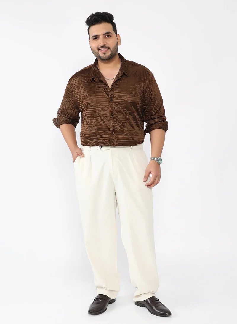 Instafab Plus Men Pleated-Rhombus Shirt | Spread Collar , Long Single-Button Cuff Sleeves | Button Closure , Curved Hem | Geometric Pleated | Woven Fabric For Casual & Evening Wear | Brown