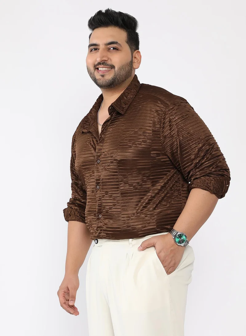 Instafab Plus Men Pleated-Rhombus Shirt | Spread Collar , Long Single-Button Cuff Sleeves | Button Closure , Curved Hem | Geometric Pleated | Woven Fabric For Casual & Evening Wear | Brown