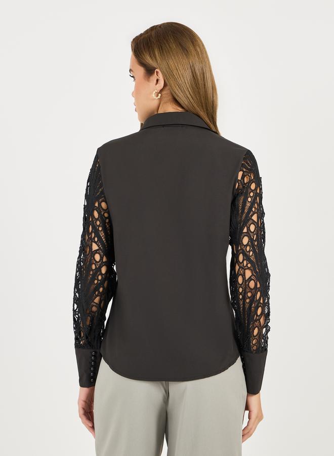 Styli Lace Insert Regular Fit Collared Shirt  - Image 5