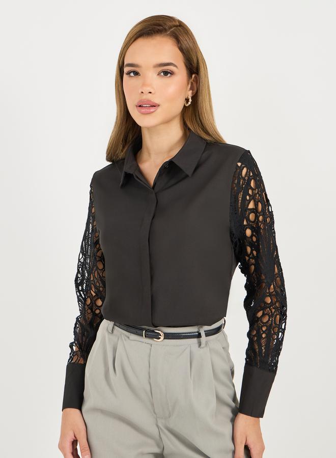 Styli Lace Insert Regular Fit Collared Shirt  - Image 1