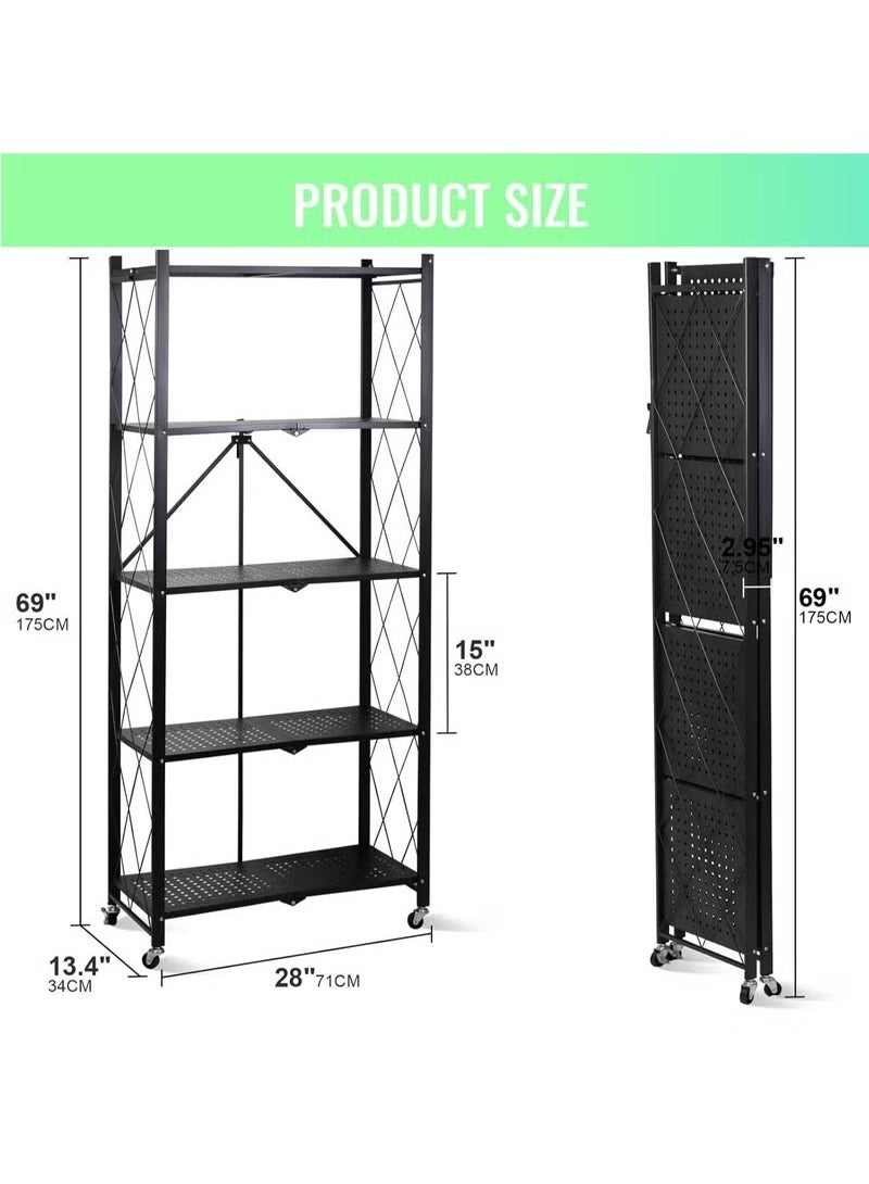 HOMESTAR رفوف تخزين قابلة للطي 5 طبقات ، رفوف تخزين لخزانة المطبخ ، رف تخزين متعدد الاستخدامات لغرفة المعيشة وغرفة النوم والمطبخ والمرآب سهل التجميع باللون الأسود - Image 4