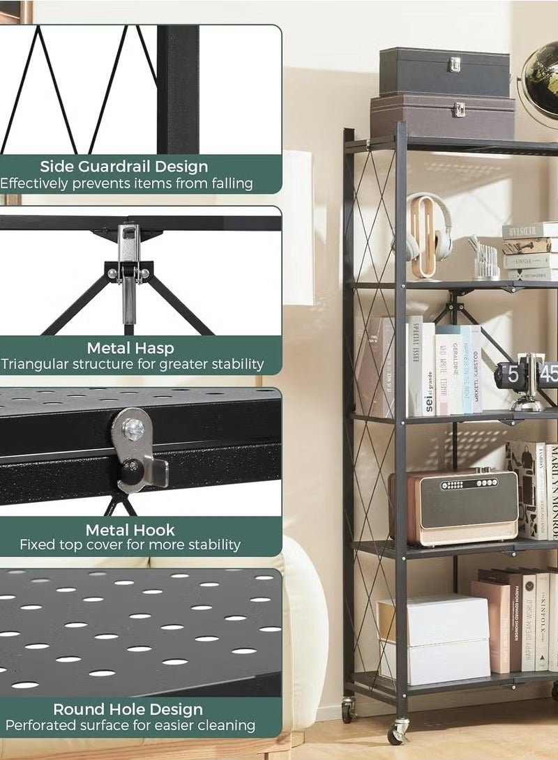 HOMESTAR رفوف تخزين قابلة للطي 5 طبقات ، رفوف تخزين لخزانة المطبخ ، رف تخزين متعدد الاستخدامات لغرفة المعيشة وغرفة النوم والمطبخ والمرآب سهل التجميع باللون الأسود - Image 3