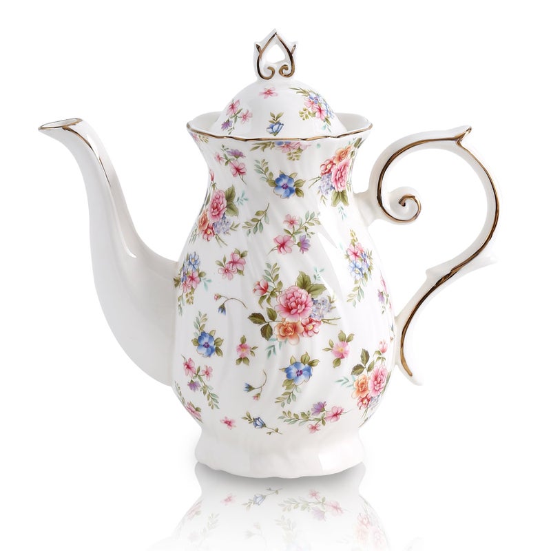 Agyiuns tea pot ceramic, Porcelain teapot with lid, 37oz for Tea, Milk, Coffee, Flower tea (White with small flowers) - Image 1