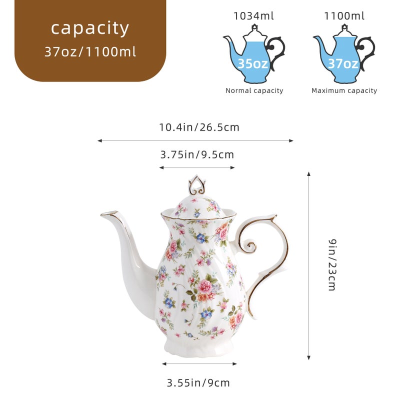 Agyiuns tea pot ceramic, Porcelain teapot with lid, 37oz for Tea, Milk, Coffee, Flower tea (White with small flowers) - Image 2
