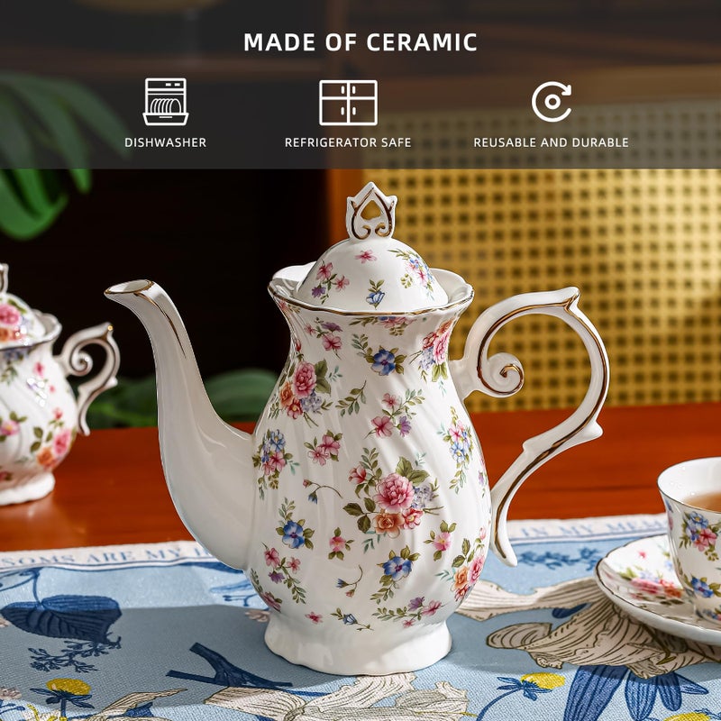 Agyiuns tea pot ceramic, Porcelain teapot with lid, 37oz for Tea, Milk, Coffee, Flower tea (White with small flowers) - Image 3