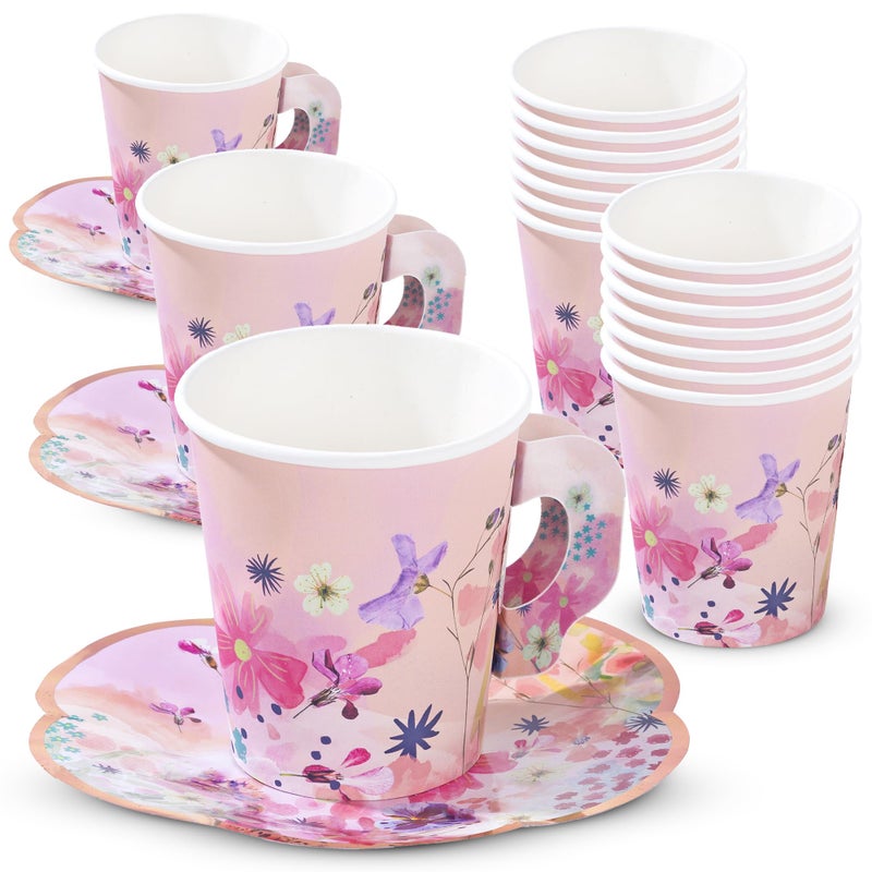 Talking Tables 12 x Pretty Pink Floral Paper Tea Cups Saucer Set Mothers Day Table Party Decorations Disposable Tableware For Birthday Garden Party Afternoon Tea Bridal or Baby Shower Wedding