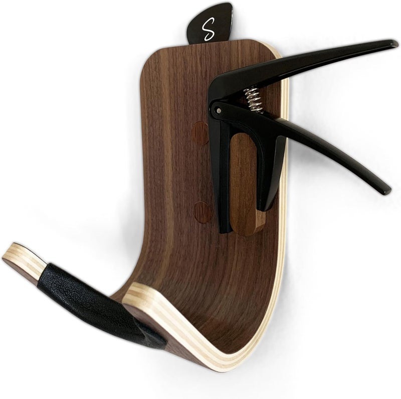 Strummm Guitar Wall Mount Hook: Modern Design Walnut Wood Guitar Hanger for Storage & Display. Heavy Duty Ply Guitar Holder for the Wall. Hangers Stand for Acoustic Guitars, Ukulele, Bass, Violin, Cello - Image 1