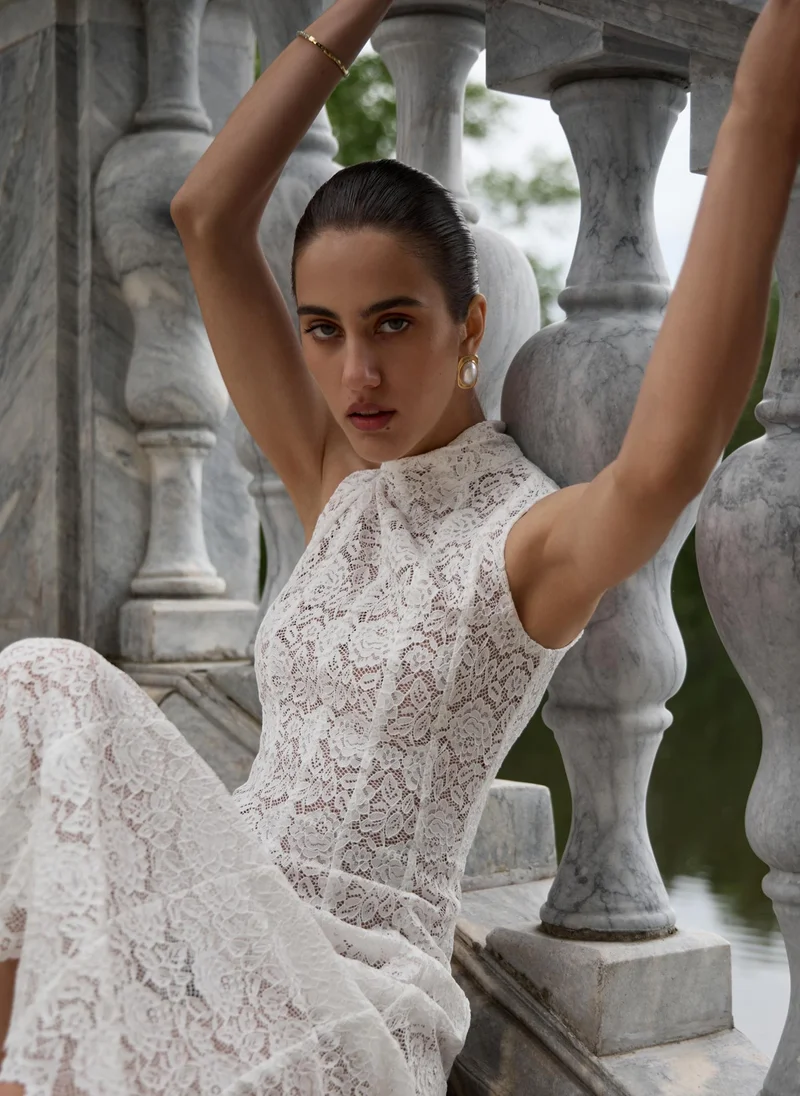 Lichi  Guipure midi dress with high collar for Women | Best Price UAE