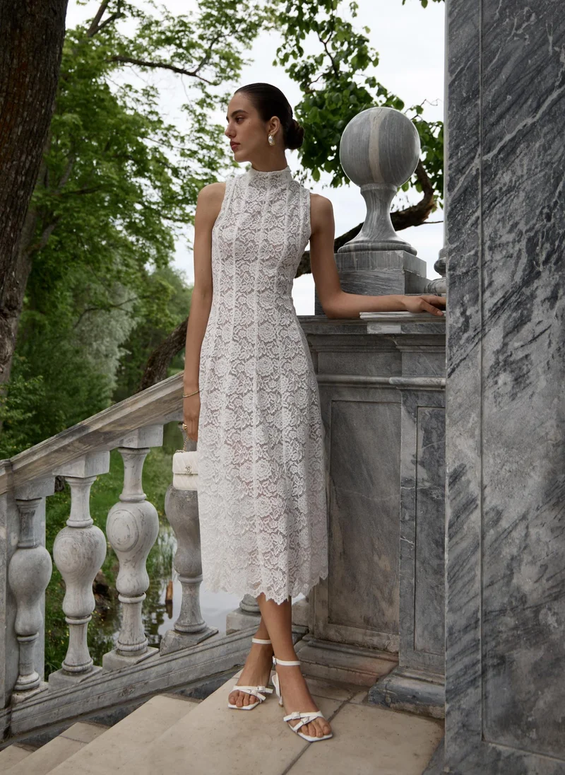 Guipure midi dress with high collar