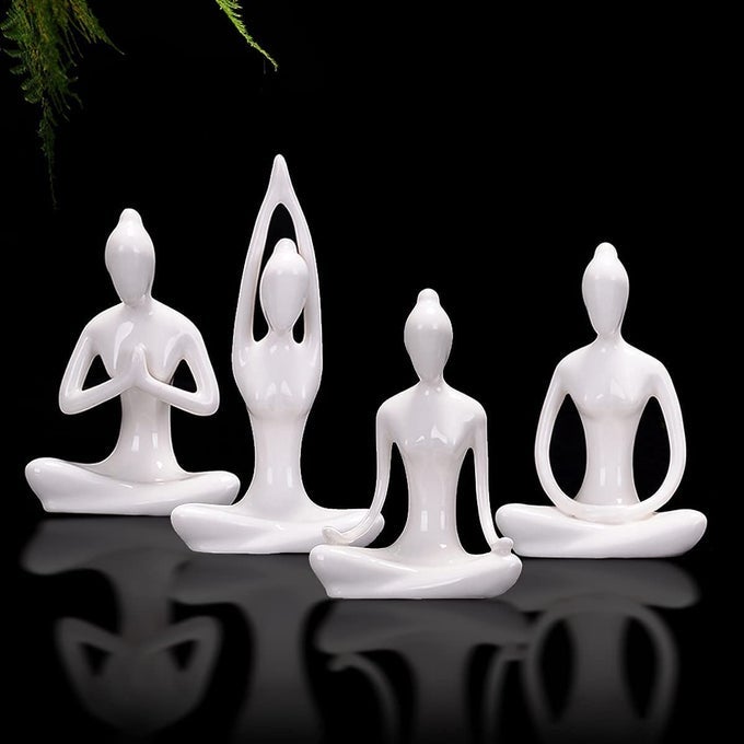 LOT OF 4 MEDITATION YOGA POSE STATUE FIGURINE CERAMIC YOGA FIGURE SET DECOR WHITE