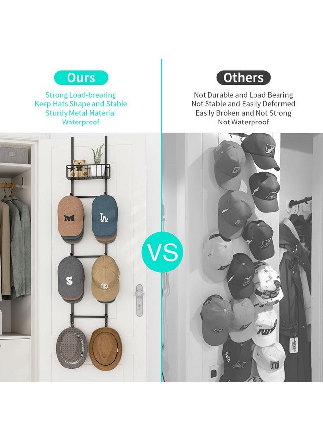 HapiRm HapiRm Over Door Hat Rack - Wall Mounted Hat Holder with 6 Hooks and Metal Basket Design, Baseball Cap Organizer Storage Up to 32 Caps for Door, Bedroom, Closet (Black)  - Image 2