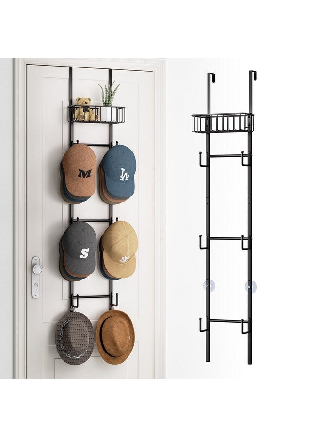 HapiRm HapiRm Over Door Hat Rack - Wall Mounted Hat Holder with 6 Hooks and Metal Basket Design, Baseball Cap Organizer Storage Up to 32 Caps for Door, Bedroom, Closet (Black)  - Image 1