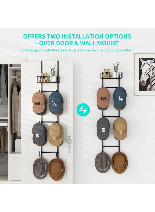 HapiRm HapiRm Over Door Hat Rack - Wall Mounted Hat Holder with 6 Hooks and Metal Basket Design, Baseball Cap Organizer Storage Up to 32 Caps for Door, Bedroom, Closet (Black)  - Image 3