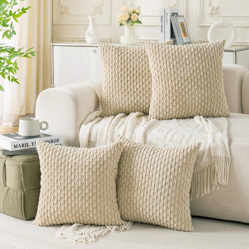 Cozoomy Set of 4 Beige Decorative Throw Pillow Covers 18x18 Inch Corduroy Pillow Covers for Bed Couch Sofa Living Room Soft Square Cushion Cases - Image 1