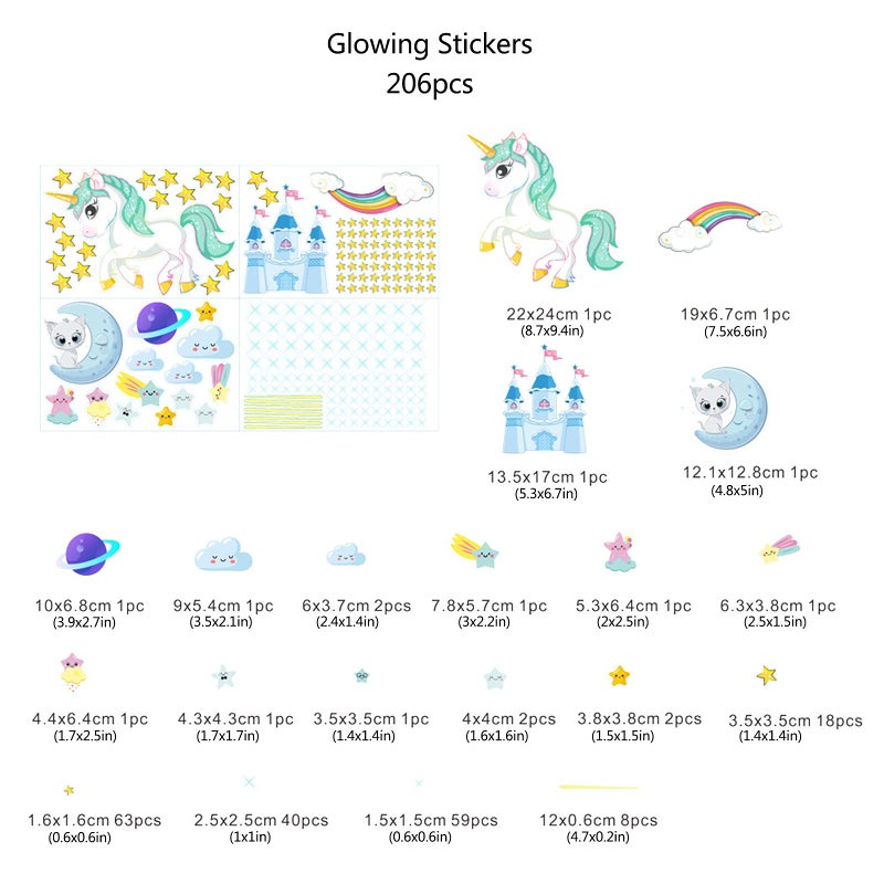 Robmoda Glow in The Dark Unicorn Stickers  206 pcs Cats and Moon Wall Decals  Glowing Castle Clouds Ceiling Decor for Kids Bedroom  Stars and Rainbow Wall Decor for Girls and Boys Gift - Image 3