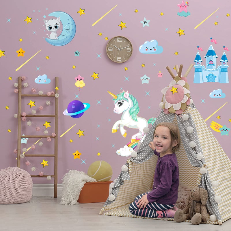 Robmoda Glow in The Dark Unicorn Stickers  206 pcs Cats and Moon Wall Decals  Glowing Castle Clouds Ceiling Decor for Kids Bedroom  Stars and Rainbow Wall Decor for Girls and Boys Gift - Image 2