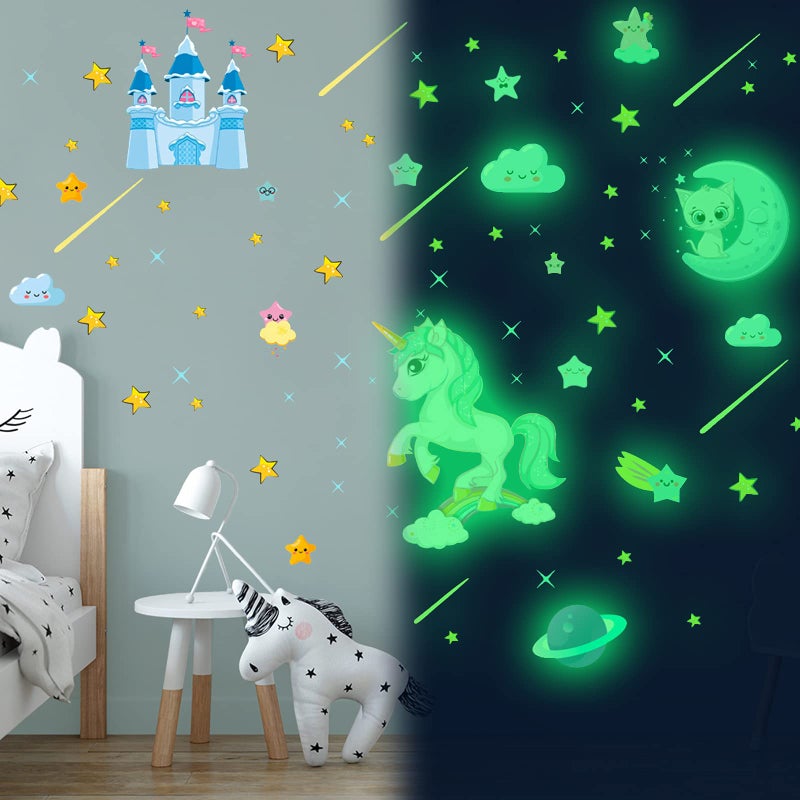 Robmoda Glow in The Dark Unicorn Stickers  206 pcs Cats and Moon Wall Decals  Glowing Castle Clouds Ceiling Decor for Kids Bedroom  Stars and Rainbow Wall Decor for Girls and Boys Gift - Image 4