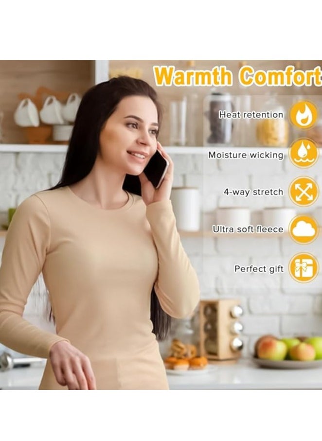 رات سو طقم ملابس داخلية حرارية نسائية طويلة جونز طويلة جونز نسائية من الصوف والحرير ملابس داخلية حرارية مجموعة بيجامات أساسية  لون البشرة M  - Image 4