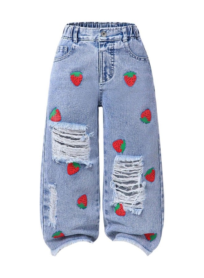 WDIRARA Toddler Girl's Cute Strawberry Print Baggy Jeans Ripped Wide Leg Denim Pants Light Wash 5Y - Image 1