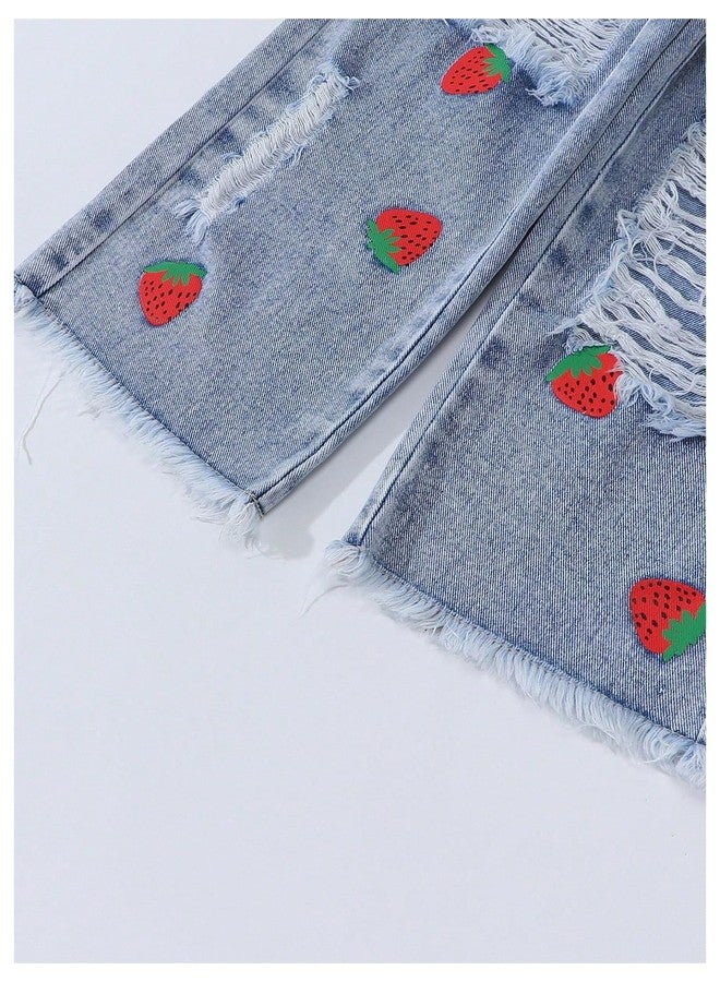 WDIRARA Toddler Girl's Cute Strawberry Print Baggy Jeans Ripped Wide Leg Denim Pants Light Wash 5Y - Image 4