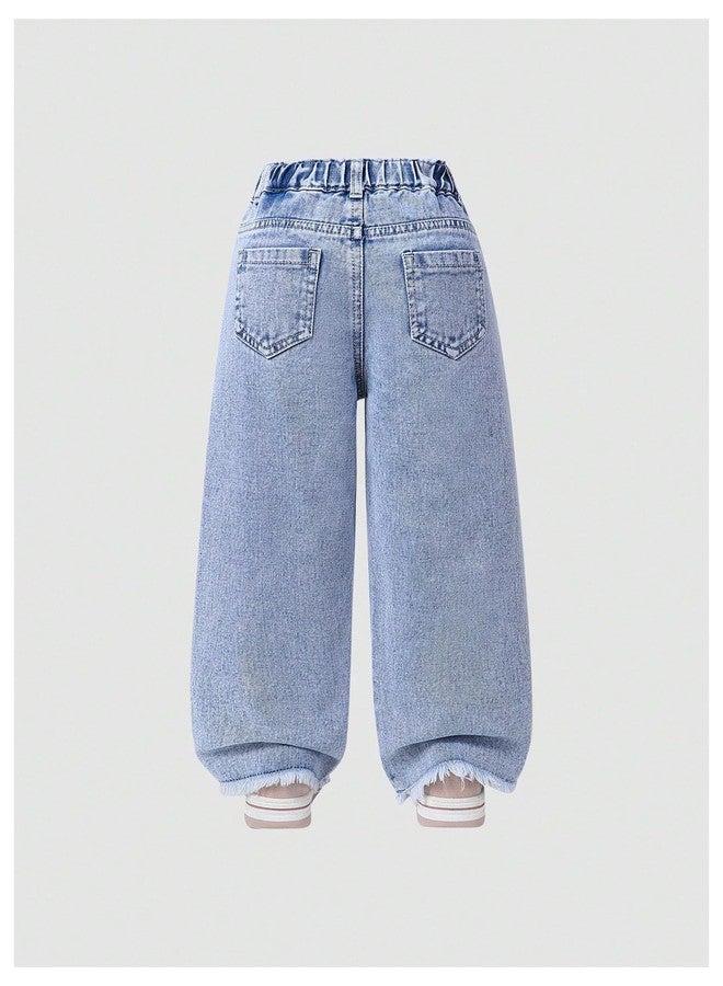 WDIRARA Toddler Girl's Cute Strawberry Print Baggy Jeans Ripped Wide Leg Denim Pants Light Wash 5Y - Image 2