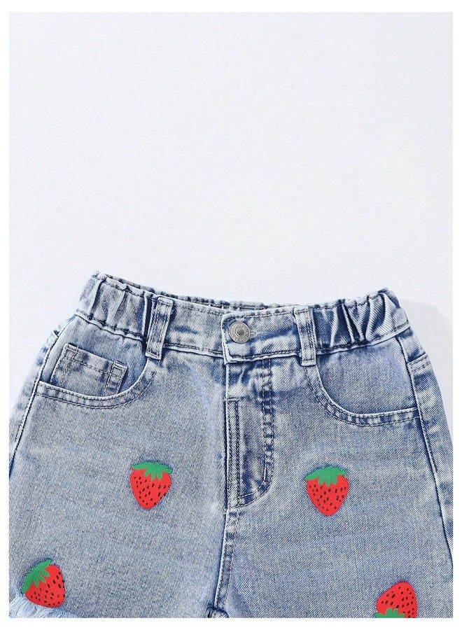 WDIRARA Toddler Girl's Cute Strawberry Print Baggy Jeans Ripped Wide Leg Denim Pants Light Wash 5Y - Image 5