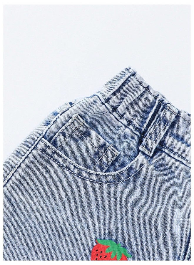 WDIRARA Toddler Girl's Cute Strawberry Print Baggy Jeans Ripped Wide Leg Denim Pants Light Wash 5Y - Image 3
