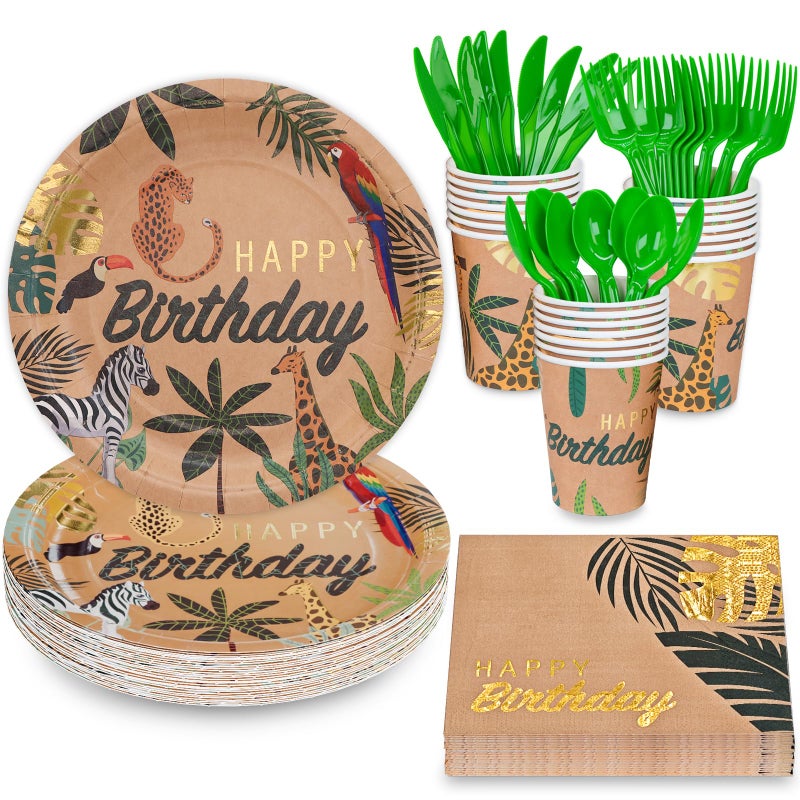 DYLIVeS Safari Jungle Birthday Party Supplies Tableware Zoo Theme Gold Foil Forest Animal Party Decorations Packs Baby Shower  Disposable Plates Cups Napkins Cutlery Serves 24 Total 144pcs