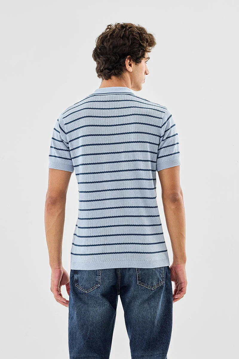 Snitch Blue Regular Fit Stripes Knitted Polo T-Shirt for Men | Best Price UAE