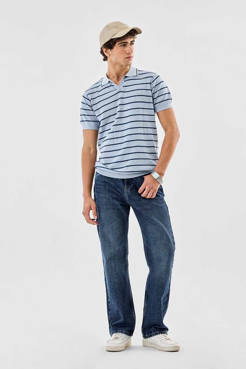Snitch Blue Regular Fit Stripes Knitted Polo T-Shirt for Men | Best Price UAE