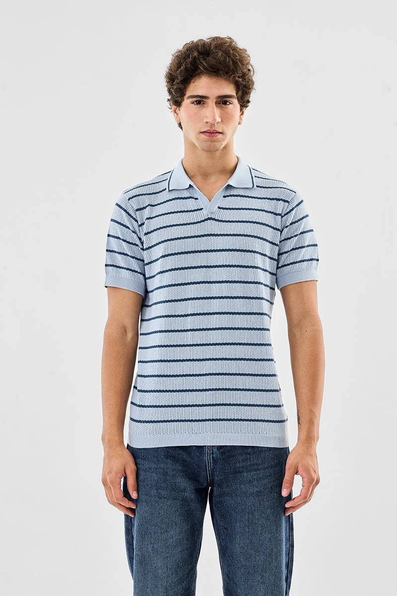 Snitch Blue Regular Fit Stripes Knitted Polo T-Shirt for Men | Best Price UAE